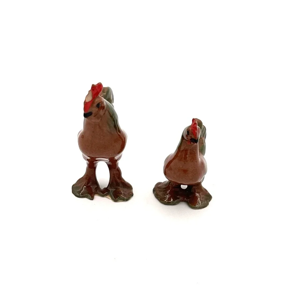 Rooster Hen Chicken Figurine Set Ceramic Miniature Farm Birds Pair